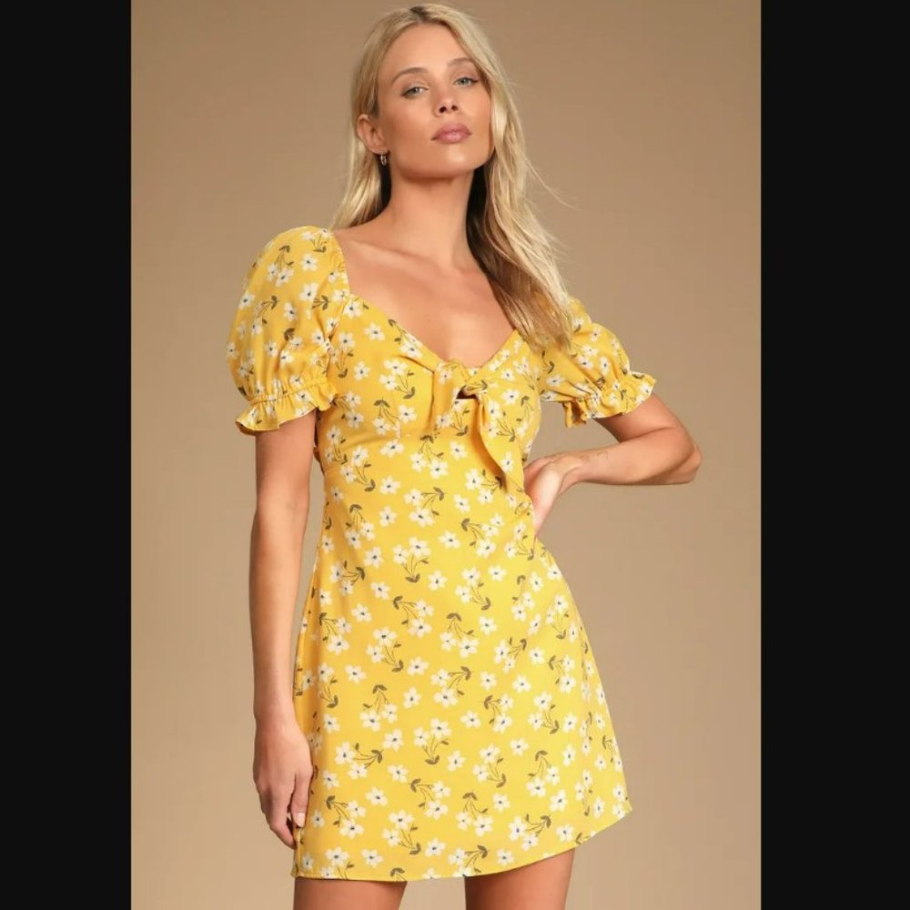 Lulus Yellow Floral Lace-Up Tie-Front Mini Dress